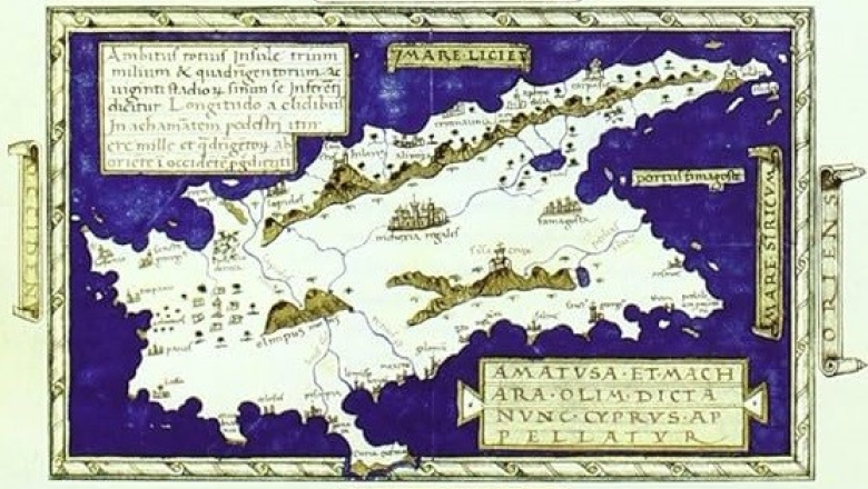Henricus Martellus, Zemljevid Cipra, motiv na naslovnici knjige Lorenzo Calvelli, Cipro e la memoria, https://www.istitutoveneto.it